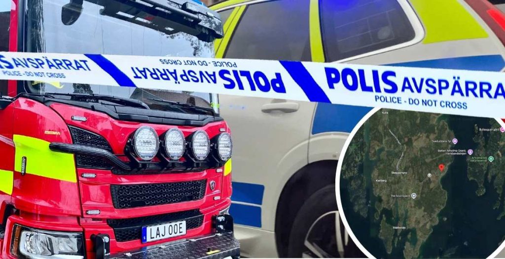 En brandbild, polisbil och avspärrning i dagsljus.