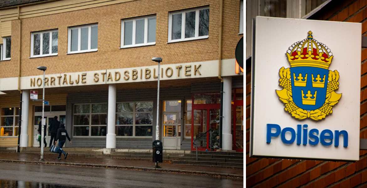 Dtadsbibilioteket i Norrtälje sammansatt med polisens heraldiska vapen.