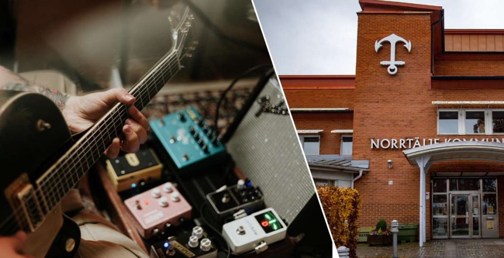 Foto på norrtäljes kommunhus sammansatt med en elgitarr
