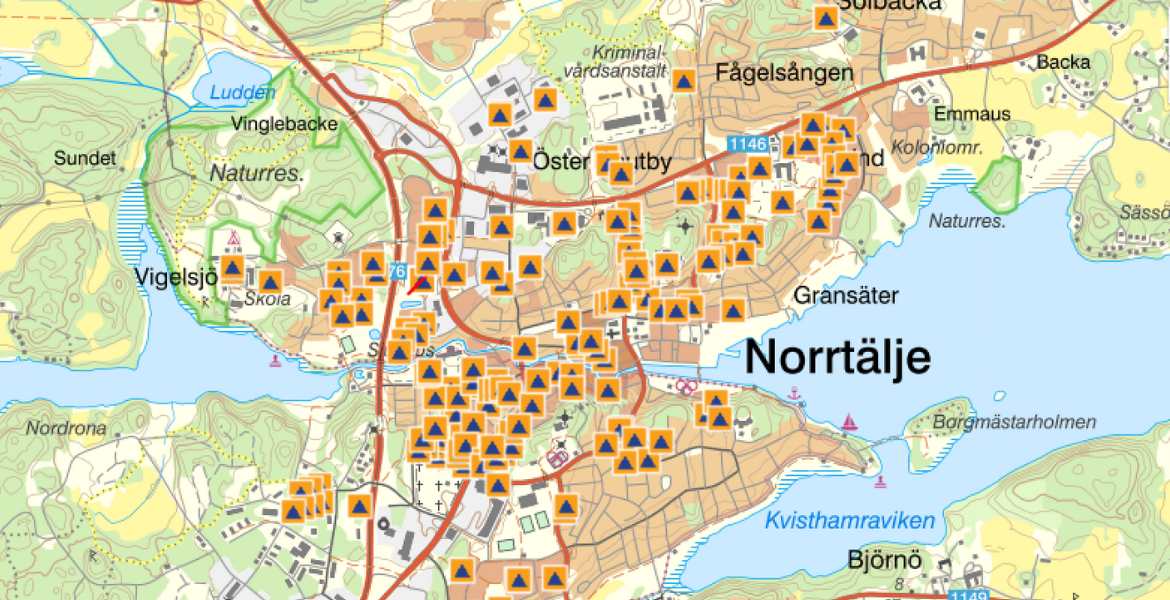 Karta över skyddsrum i Norrtälje stad.