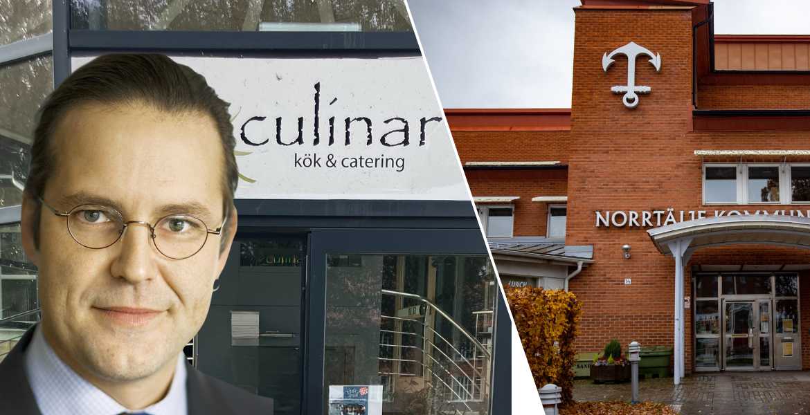 Anders Borg framför en restaurang i dagsljus och Norrtäljes kommunhus.