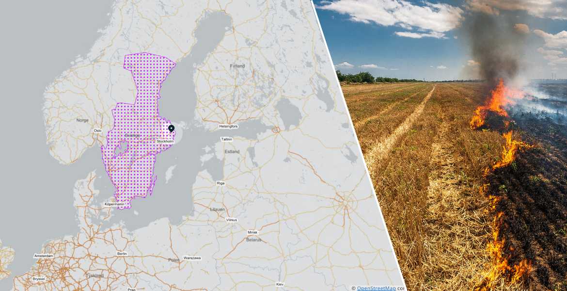 Karta över sverige sammansatt med en gräsbrand.