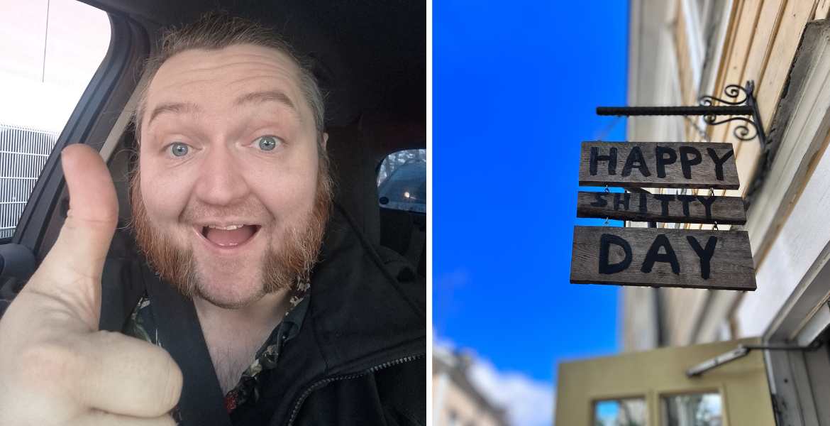 Tommy Hedlund gör tummen upp, bredvid hans egen Rockklubb, Happy Shitty Day.
