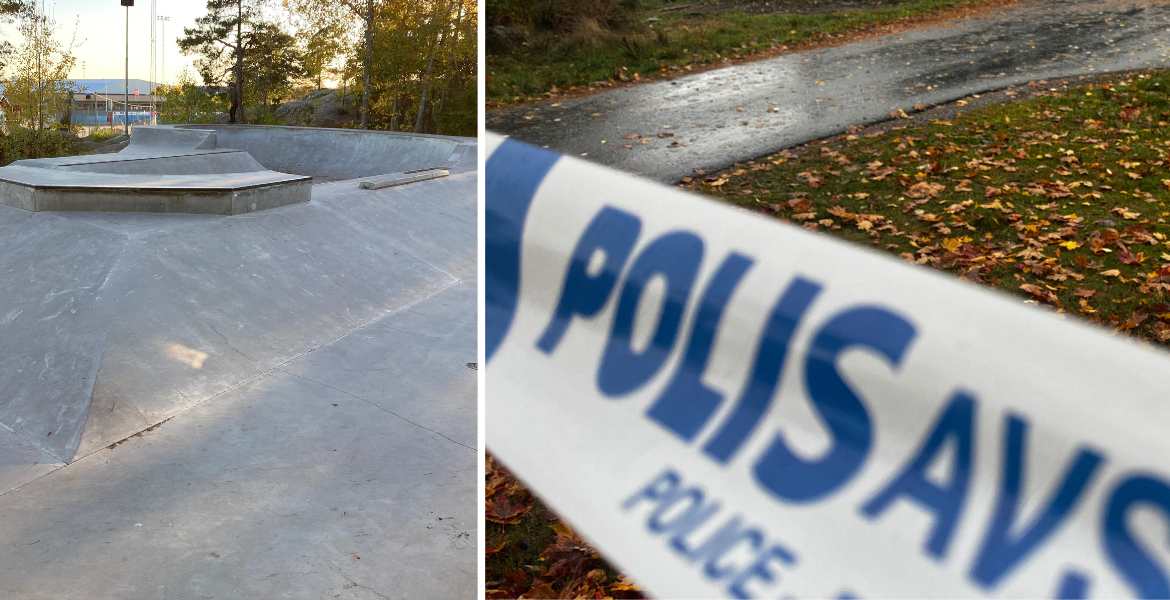 Betongskatepark i dagsljus bredvid polisens avspärrning.