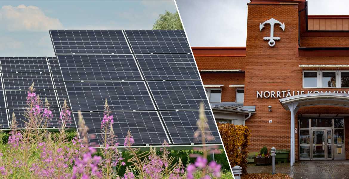 Solpaneler i dagslljus bredvid Norrtäljes kommunhus.