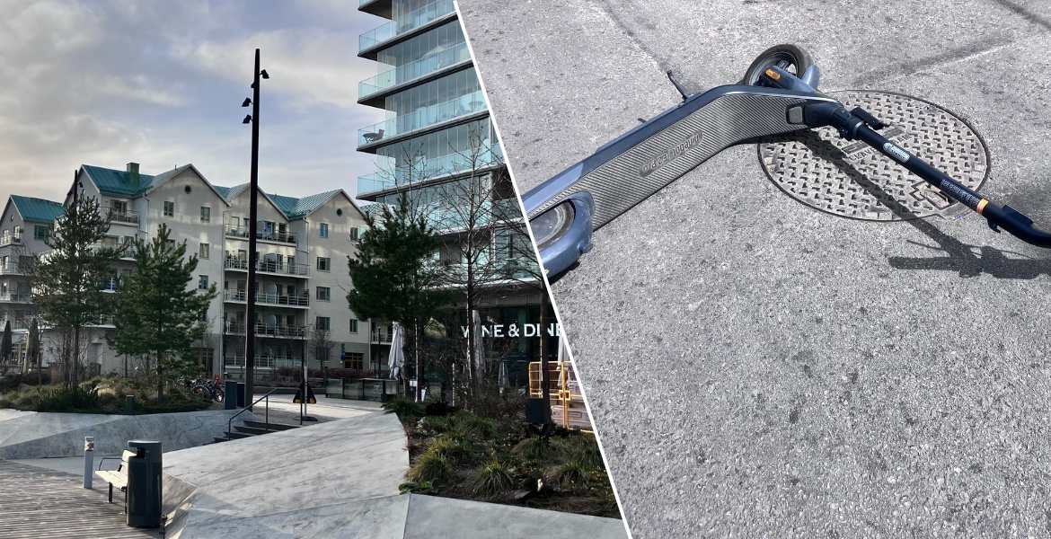 En vält elsparkcykel i Norrtälje hamn i dagsljus.