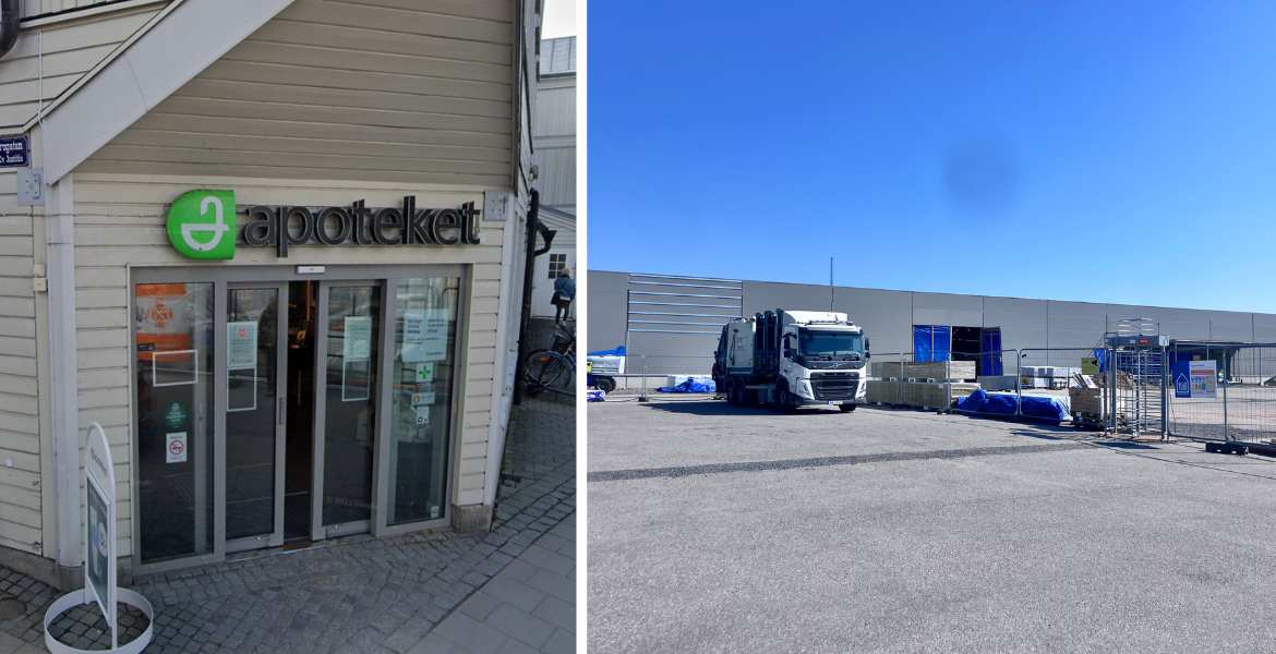 Apoteket i Norrtälje i dagsljus sammansatt med byggarbetsplatsen för kommande Citygross i Norrtälje.