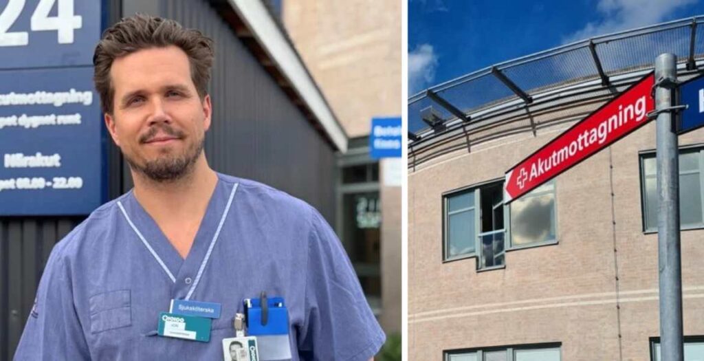 Jon från Norrtälje sjukhus framför akutmottagningen i dagsljus.