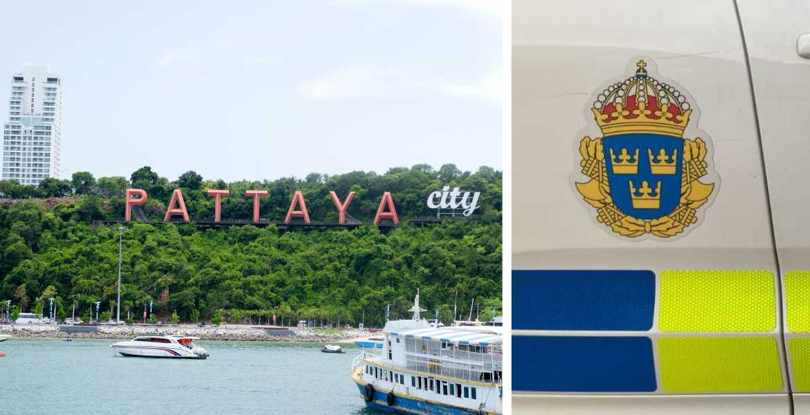 Pattaya city i dagsljus sammansatt med polisens heraldiska vapen.