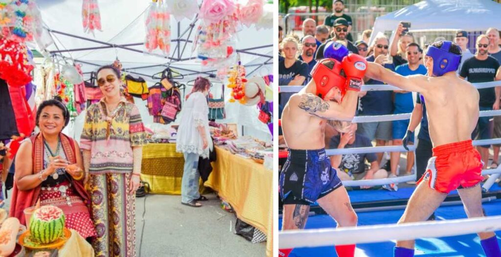Försäljningsstånd på Thaifestivalen i Norrtälje. Människor klädda i traditionella folkträkter från Thailand. Bredvid är en boxningsring med två boxare som fightas.